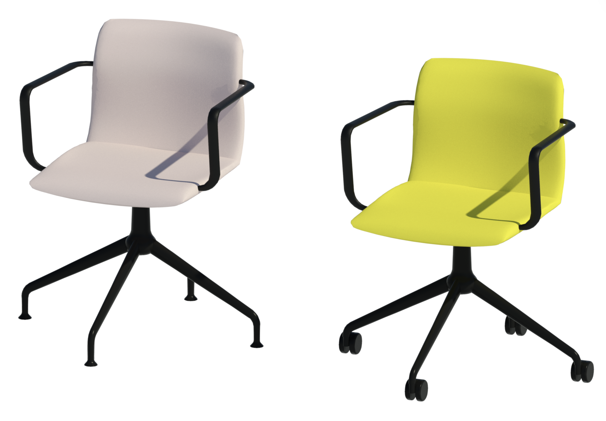 Render of two beige and yellow Pep chairs with black armrests.